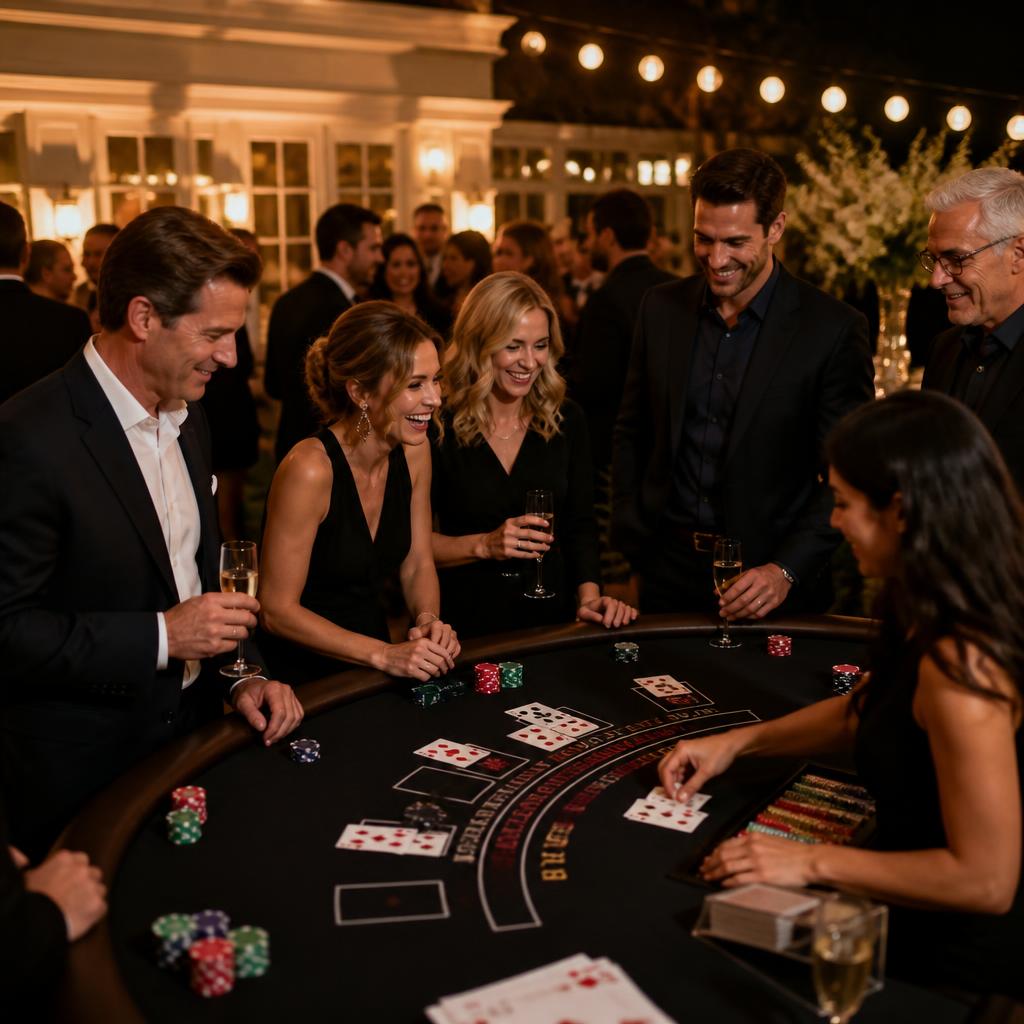 Birthday party guests in cocktail attire toasting at a private casino night celebration in Upstate New York