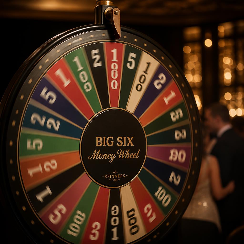 Vertical Big Six money wheel with a leather flapper at a Rochester NY casino night — photo booth captures guests mid-spin