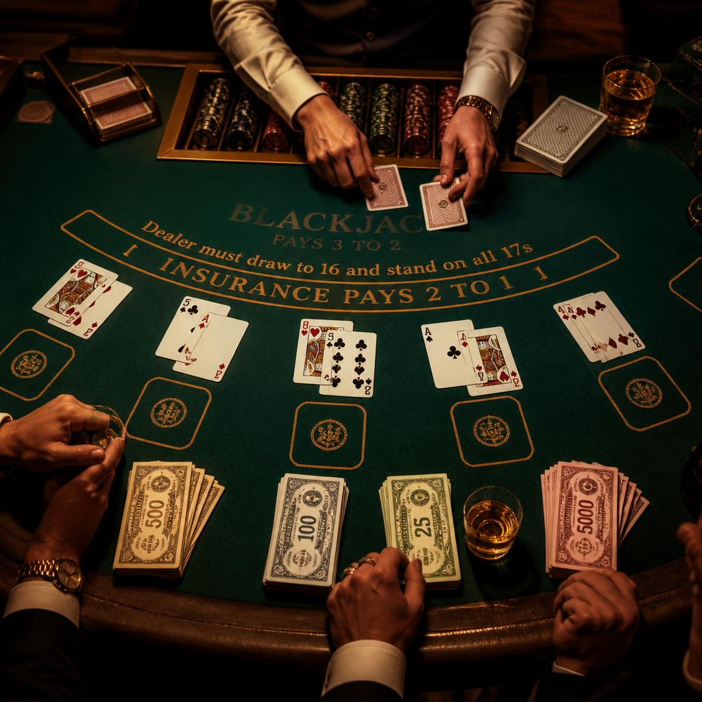Overhead view of a Blackjack table with green felt, gold chips and playing cards at an Upstate NY casino party